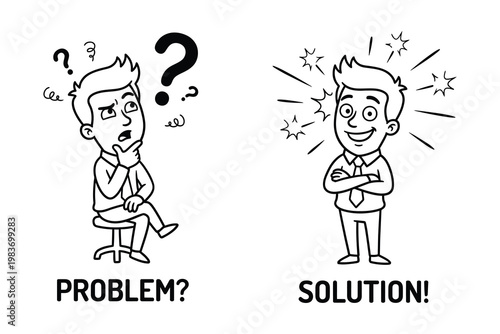 Man thinking with question marks then finding a solution line art white background problem solving solution