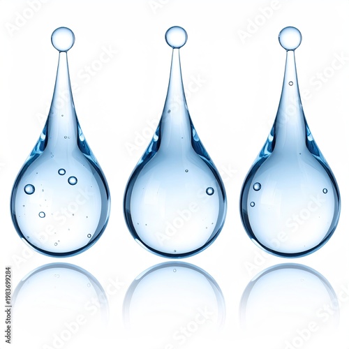 Three clear gel serum drops with sphere tip on white background reflecting highlighting cosmetic essence water bubbles and hyaluronic acid