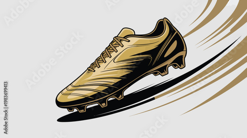 Golden soccer cleat vector illustration, professional football boot with dynamic motion trails, metallic gold sports shoe icon for tournament awards