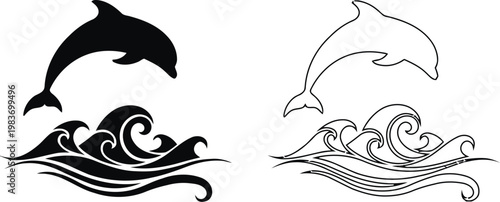 Vector art of black and white outline and silhouette of a dolphin jumping out of the ocean waves