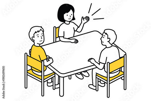 Three people sitting around a table discussing ideas with discussion teamwork collaboration brainstorming strategy