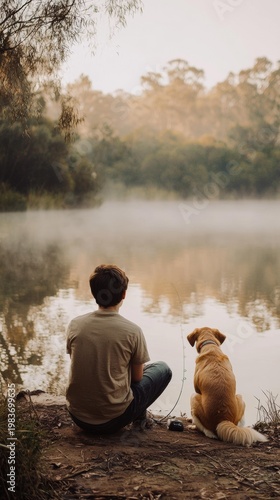 A person and a dog sit by a misty lake. Both are looking at the water. A fishing rod is near. AI.