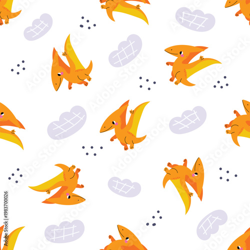 Cute pterodactyl seamless pattern with clouds and dots. Dinosaur background for kids textile, nursery decor, wallpaper, wrapping paper and playful print design. Flat vector seamless illustration.