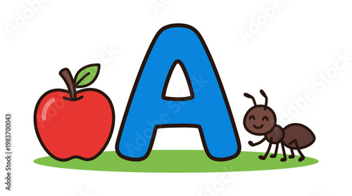 Letter A with apple and ant cute preschool illustration