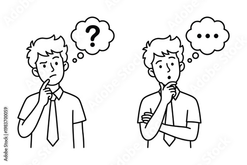 Two men thinking with question marks and thought bubbles thinking question confusion solution pondering business