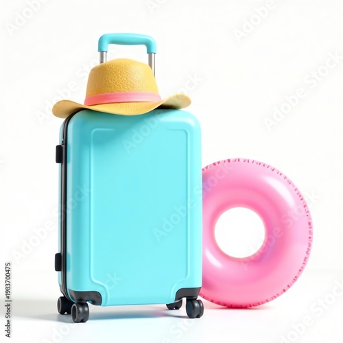 realistic photo, pastel blue suitcase with straw hat and pink inflatable swimming ring next to it, on white background