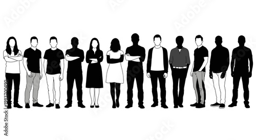 Diverse Group of People Silhouettes Standing Together, Men and Women in Casual Attire