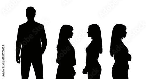 Diverse Group Silhouettes: One Man and Three Women Posing in Black and White