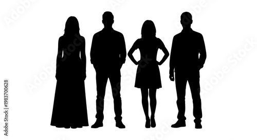 Diverse Group Silhouettes of People in Formal and Casual Attire, Representing Unity and Individuality