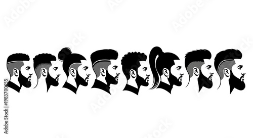 Diverse Men's Hairstyles Illustrated with Fades, Undercuts, and Ponytails