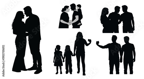 Diverse People Silhouettes Showcasing Relationships, Family, Friendship, and Selfies