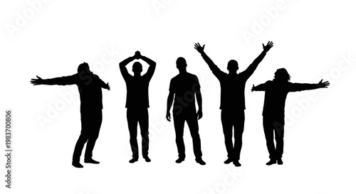 Five Men Silhouettes Celebrating with Arms Raised and Extended in Joyful Expression