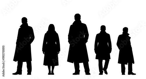Five Silhouette Figures Wearing Coats and Standing on White Background