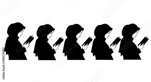 Five Muslim Women Wearing Hijabs Reading Books in Silhouette Style