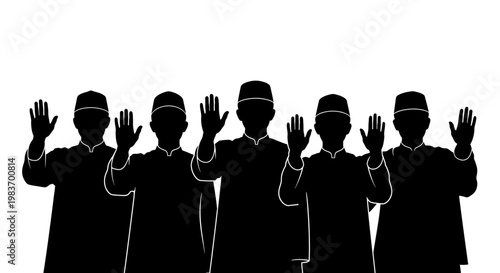 Five Muslim Men Wearing Kufi Caps Raising Hands in Unity and Solidarity