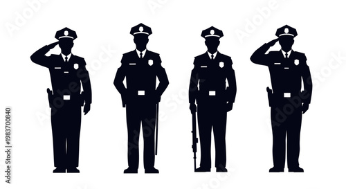 Four Police Officers Silhouettes Showcasing Duty and Uniforms