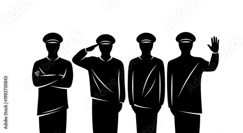 Four Silhouetted Men in Uniforms: Standing, Saluting, and Waving Hello
