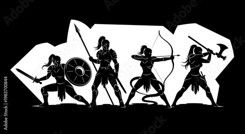 Four Warrior Women Silhouettes: Sword, Spear, Bow, Axe, Shield, Armored, Dynamic Poses, Fantasy Battle Scene