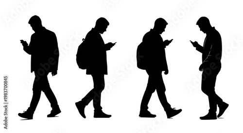 Four Silhouettes of Men Walking and Using Smartphones with Backpacks
