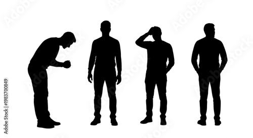 Four Silhouettes of Men Showcasing Diverse Poses and Gestures in Black