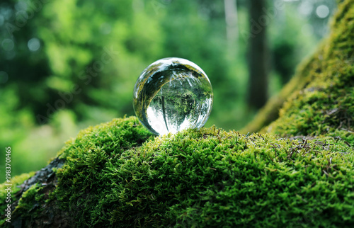 Ein gesunder grüner Wald. In einer Glaskugel im Moos spiegelt sich ein gesunder Wald mit Bäumen