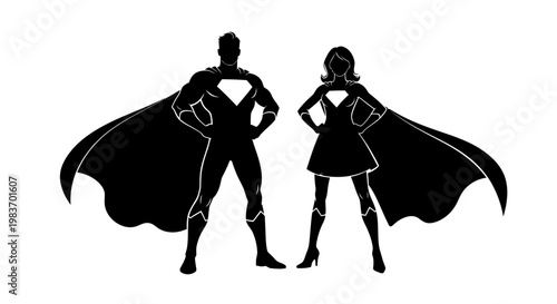 Powerful Superhero Couple Silhouette with Capes and Diamond Emblem