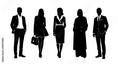 Professional Business People Silhouettes: Men and Women in Formal Attire, Suits, and Dresses