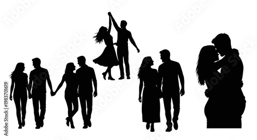 Romantic Couple Silhouettes: Dancing, Walking Together, and Embracing in Love