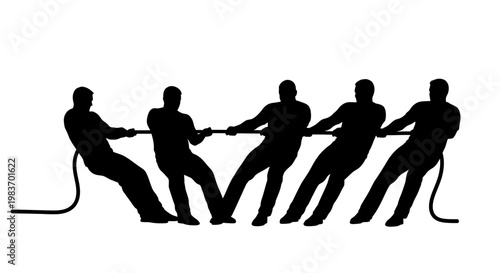 Silhouette of Five Men Engaged in a Tug of War Competition, Symbolizing Teamwork and Strength