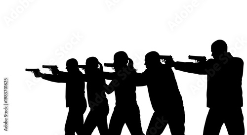 Silhouette of People Aiming Pistols in Formation, Training, and Target Practice