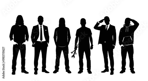 Silhouette of Diverse People: Businessmen, Mechanic, and Casual Figures Representing Various Professions
