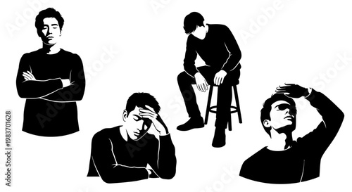 Silhouette of Four Men Showing Different States of Mind: Sadness, Contemplation, Frustration, and Worry