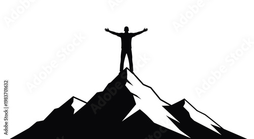 Silhouette of Person Celebrating Victory on Mountain Peak, symbolizing Success, Achievement, and Triumph