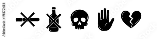 Set of minimalist black icons including no smoking, no alcohol, skull, stop hand, and broken heart. Conceptual symbols for health warnings, addiction, danger, and emotional distress.
