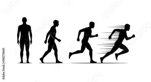 Runner's Progression: Silhouette of a Person Evolving from Standing to Sprinting with Motion Lines