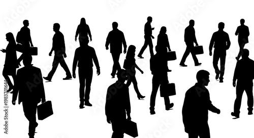 Silhouette Business People Walking with Briefcases on White Background