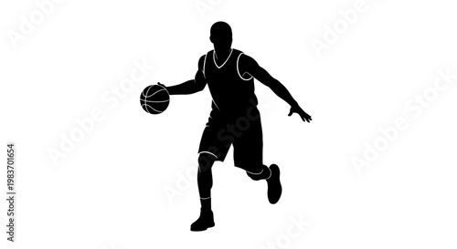 Silhouette Basketball Player Dribbling Ball in Motion Sport Action