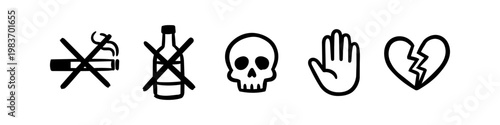 Set of hand-drawn icons featuring no smoking, no alcohol, skull, stop hand, and broken heart. Symbols for health warnings, addiction, and emotional pain.