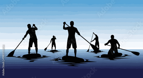 Silhouette of People Stand Up Paddleboarding on Calm Water Under Blue Sky
