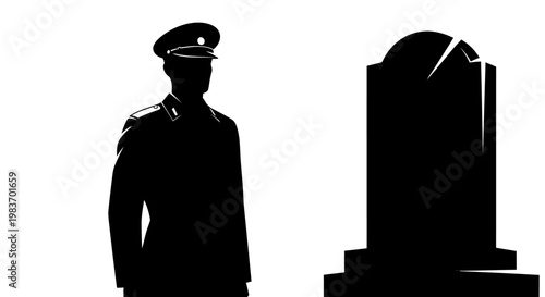 Silhouette of Soldier Standing Beside a Broken Tombstone, Representing Memory and Loss