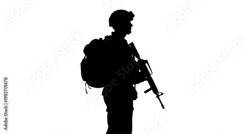 Silhouette Soldier Standing with Rifle and Backpack, Military Person Illustration