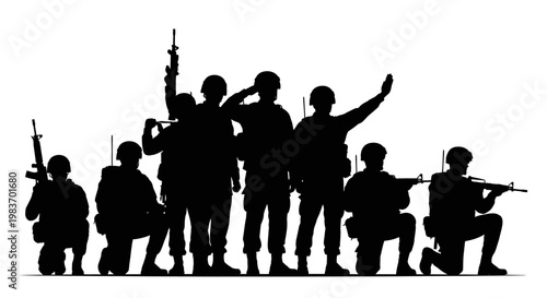 Silhouette Soldiers in Formation Holding Rifles, Representing Military Power and Defense