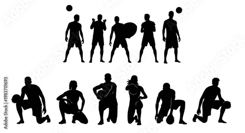 Silhouette Collection of People Playing Sports with Balls, Basketball, Football