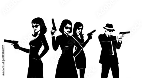 Silhouetted Secret Agents, Women and Man Holding Guns in Stylish Outfits