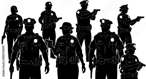 Silhouetted Police Officers Holding Guns in Formation Ready for Action and Duty