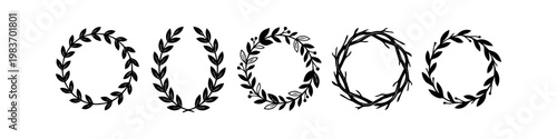Set of hand-drawn black botanical wreaths, laurel branches, and floral frames. Minimalist silhouettes of leaf circles and twig borders for wedding invitations and logo design.
