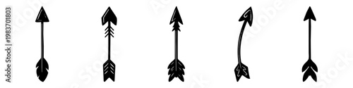 Set of five hand-drawn decorative arrows in black and white. Tribal, boho style doodle illustrations for design, scrapbooking, and branding projects. Minimalist vector elements.