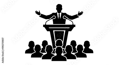 Speaker Addressing Audience from Podium with Microphones, Representing Business and Politics