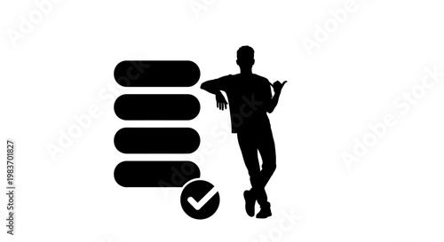 Silhouette of a Man Leaning on a List with Checkmark Icon Indicating Success