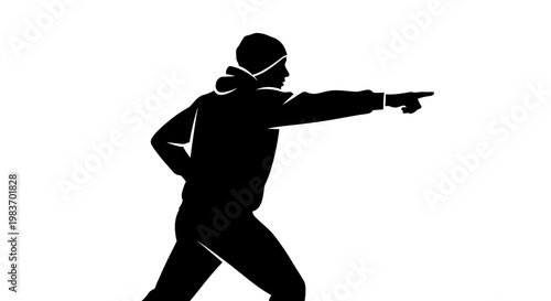 Silhouette of a Man Pointing Forward in a Hoodie, Showing Direction and Movement